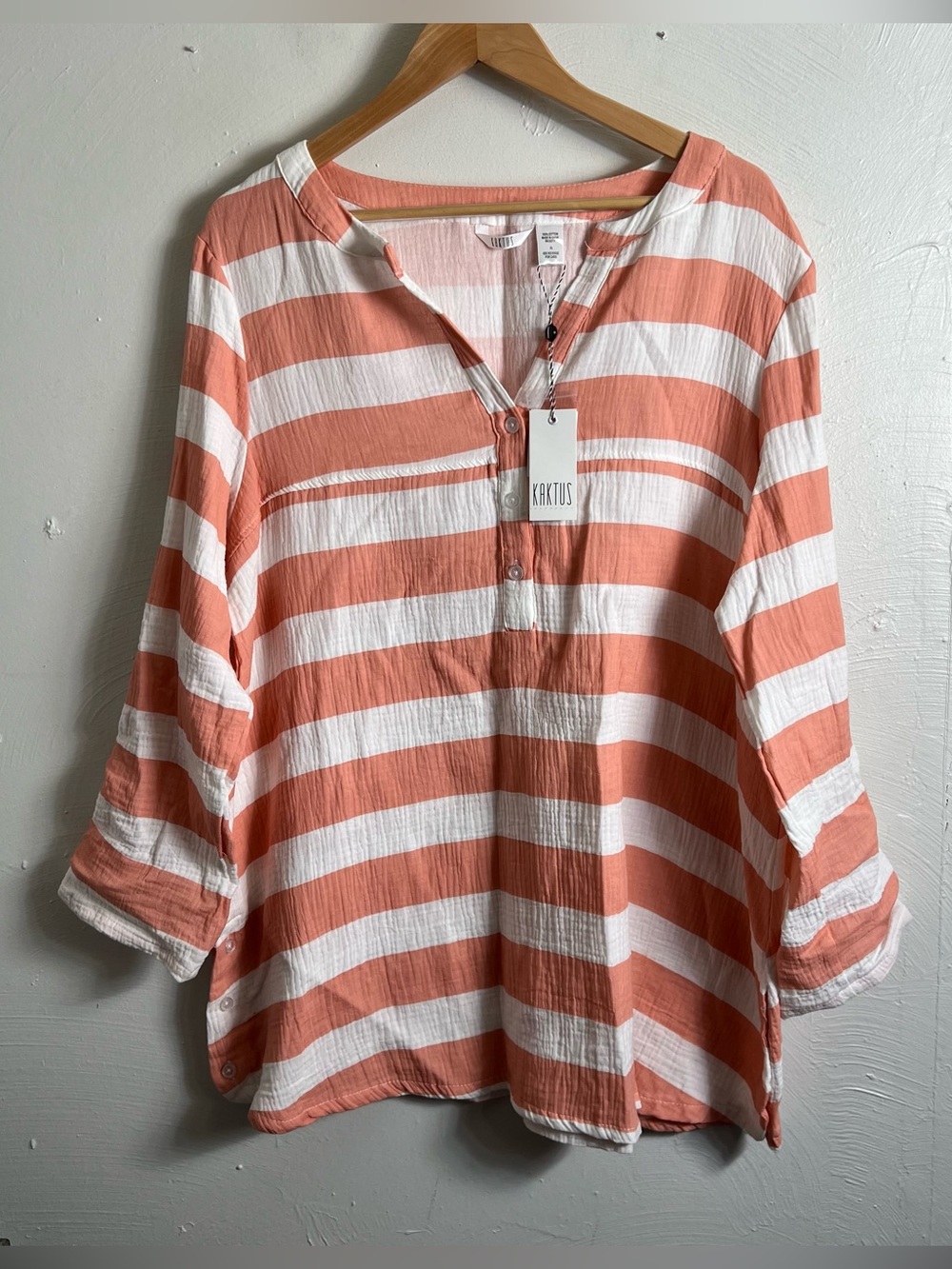 KAKTUS Peach White Gauze Cotton Striped Top XL Boho Lightweight Tunic